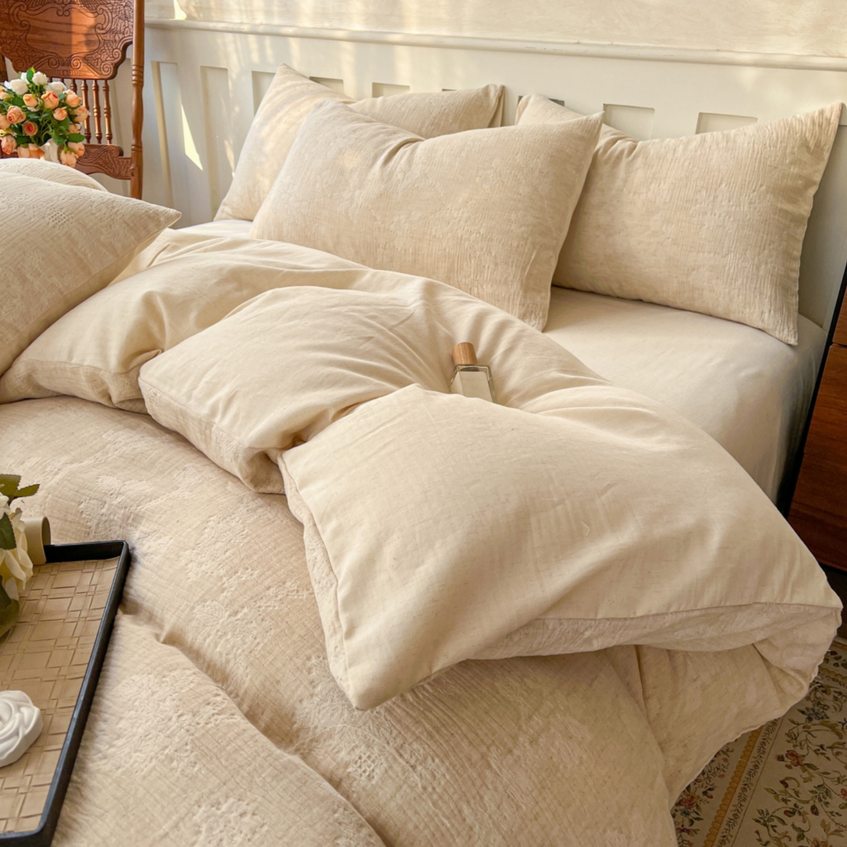 91家纺网 家纺一手货源 找家纺 金丝鸟家纺 2026春夏新款全棉纯棉棉麻提花四件套 花期如梦