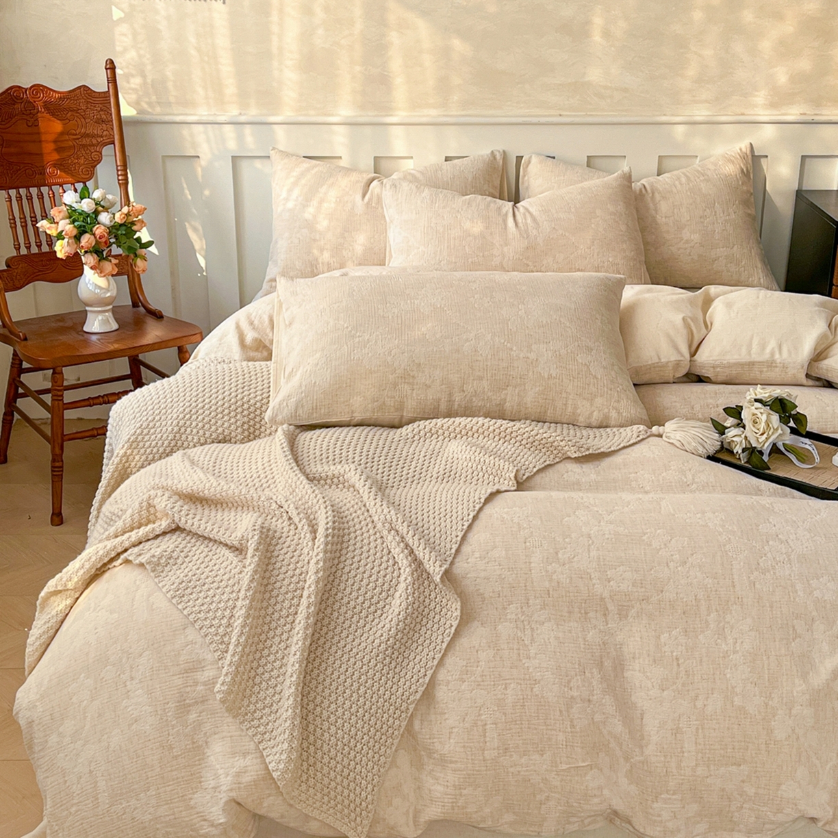 91家纺网 家纺一手货源 找家纺 金丝鸟家纺 2026春夏新款全棉纯棉棉麻提花四件套 花期如梦