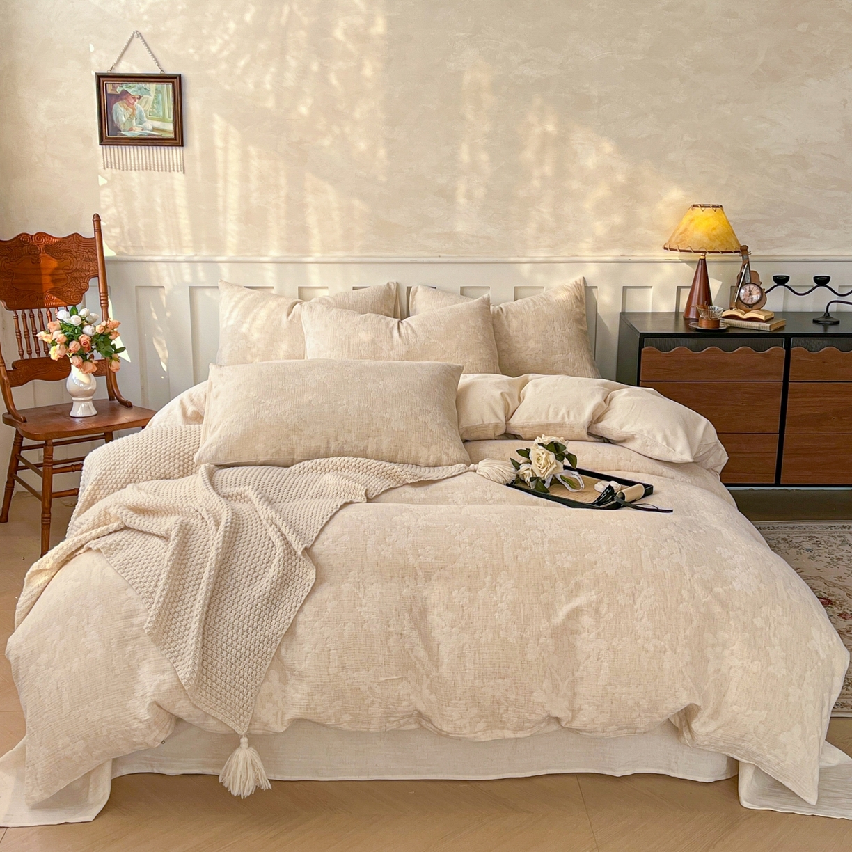 91家纺网 家纺一手货源 找家纺 金丝鸟家纺 2026春夏新款全棉纯棉棉麻提花四件套 花期如梦