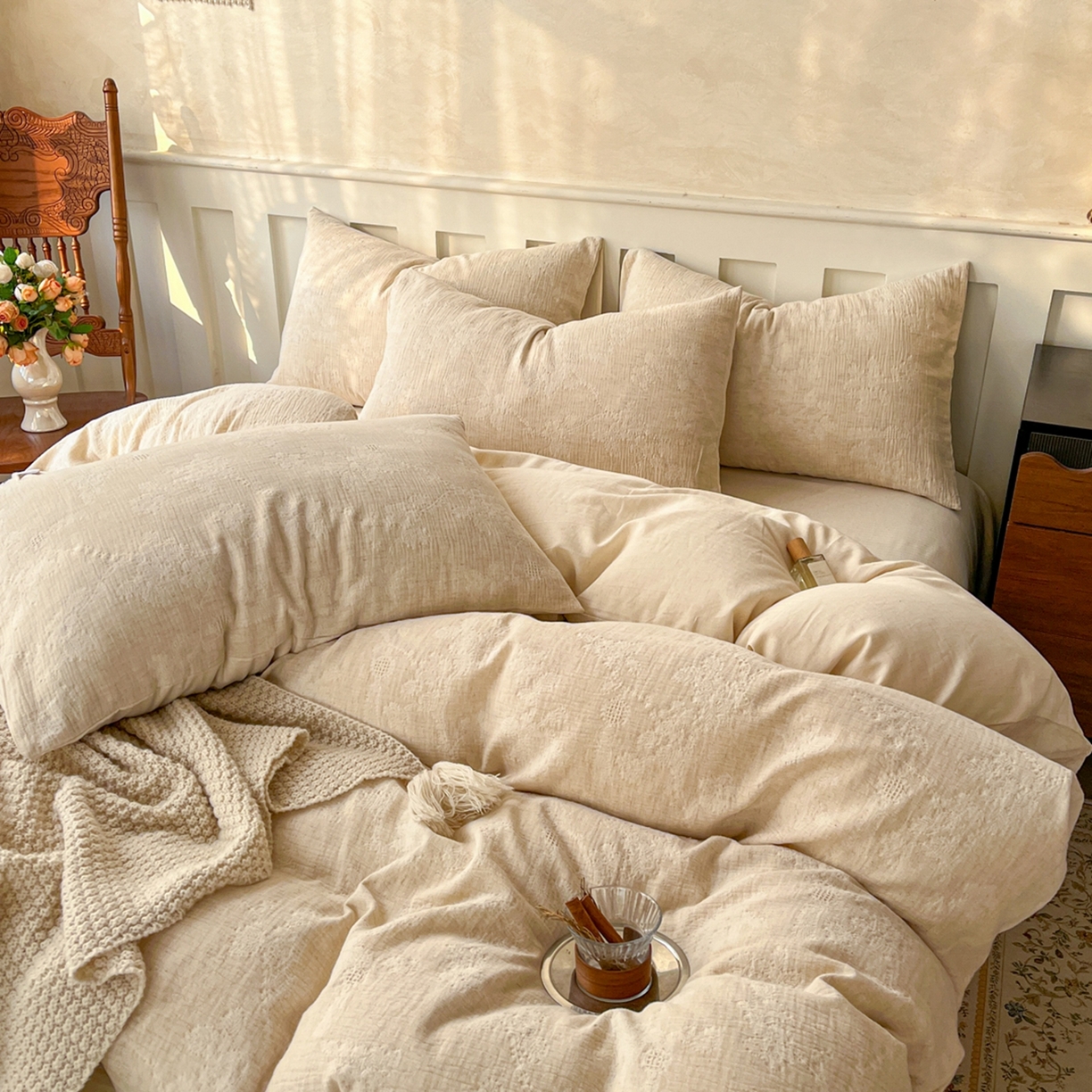 91家纺网 家纺一手货源 找家纺 金丝鸟家纺 2026春夏新款全棉纯棉棉麻提花四件套 花期如梦