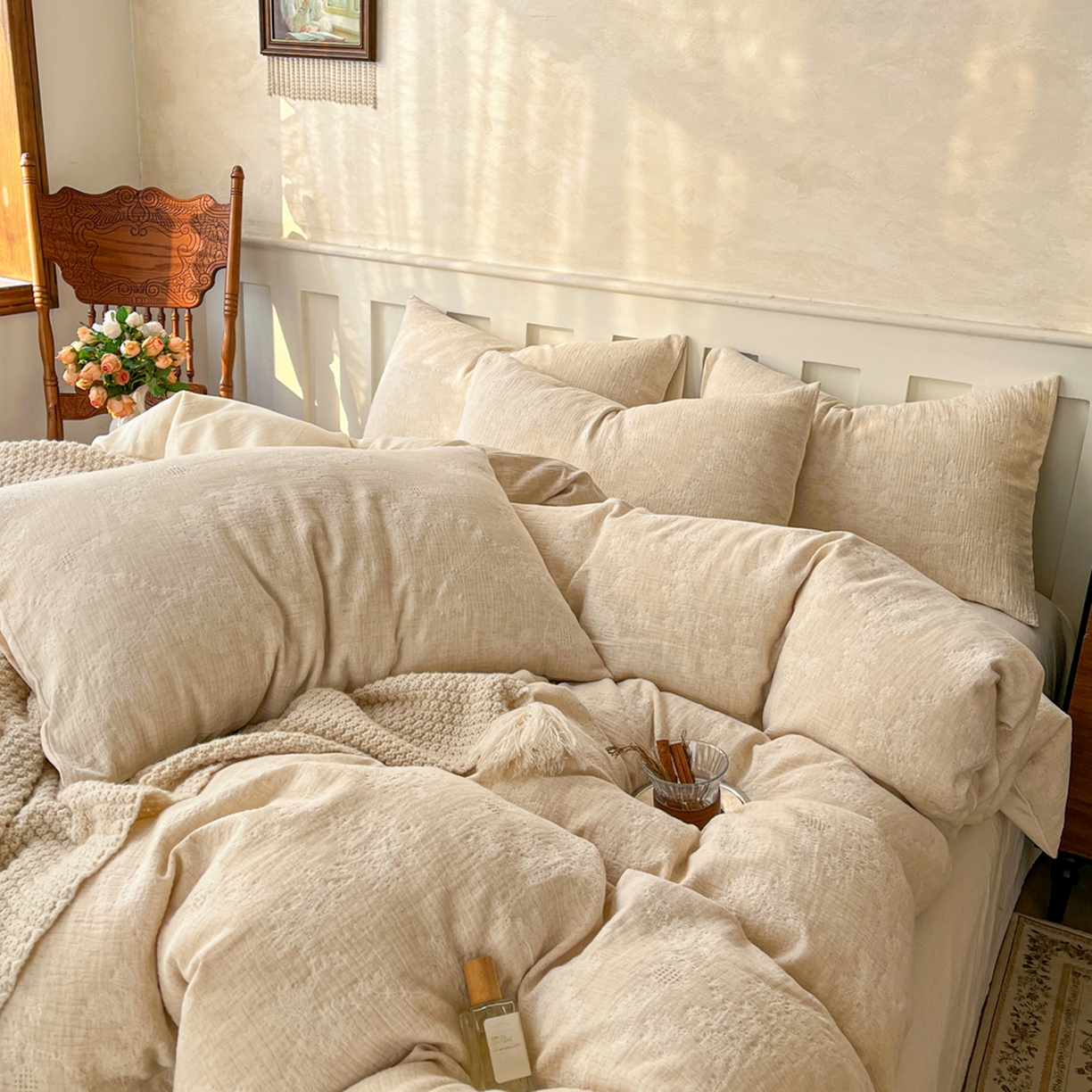 91家纺网 家纺一手货源 找家纺 金丝鸟家纺 2026春夏新款全棉纯棉棉麻提花四件套 花期如梦