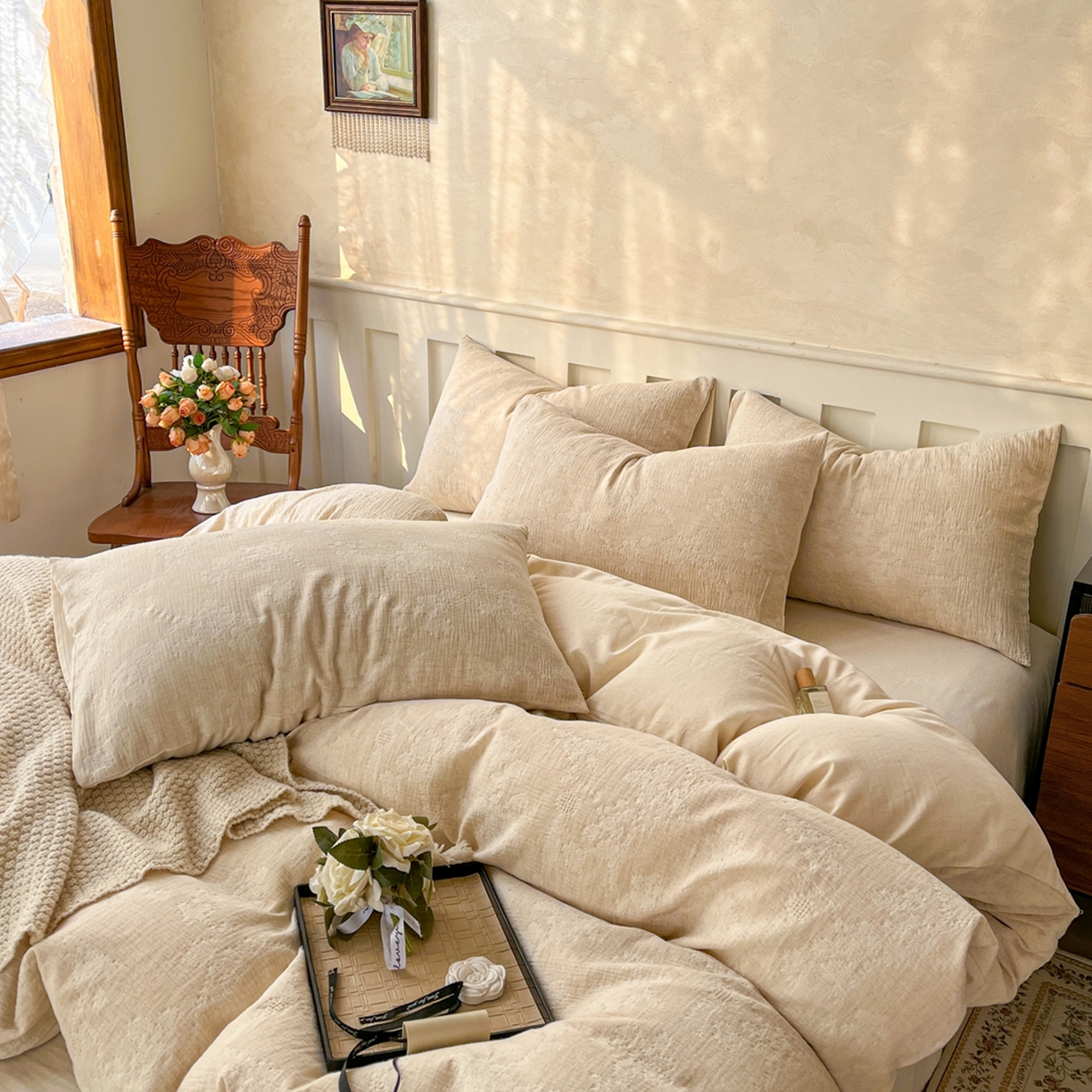 91家纺网 家纺一手货源 找家纺 金丝鸟家纺 2026春夏新款全棉纯棉棉麻提花四件套 花期如梦