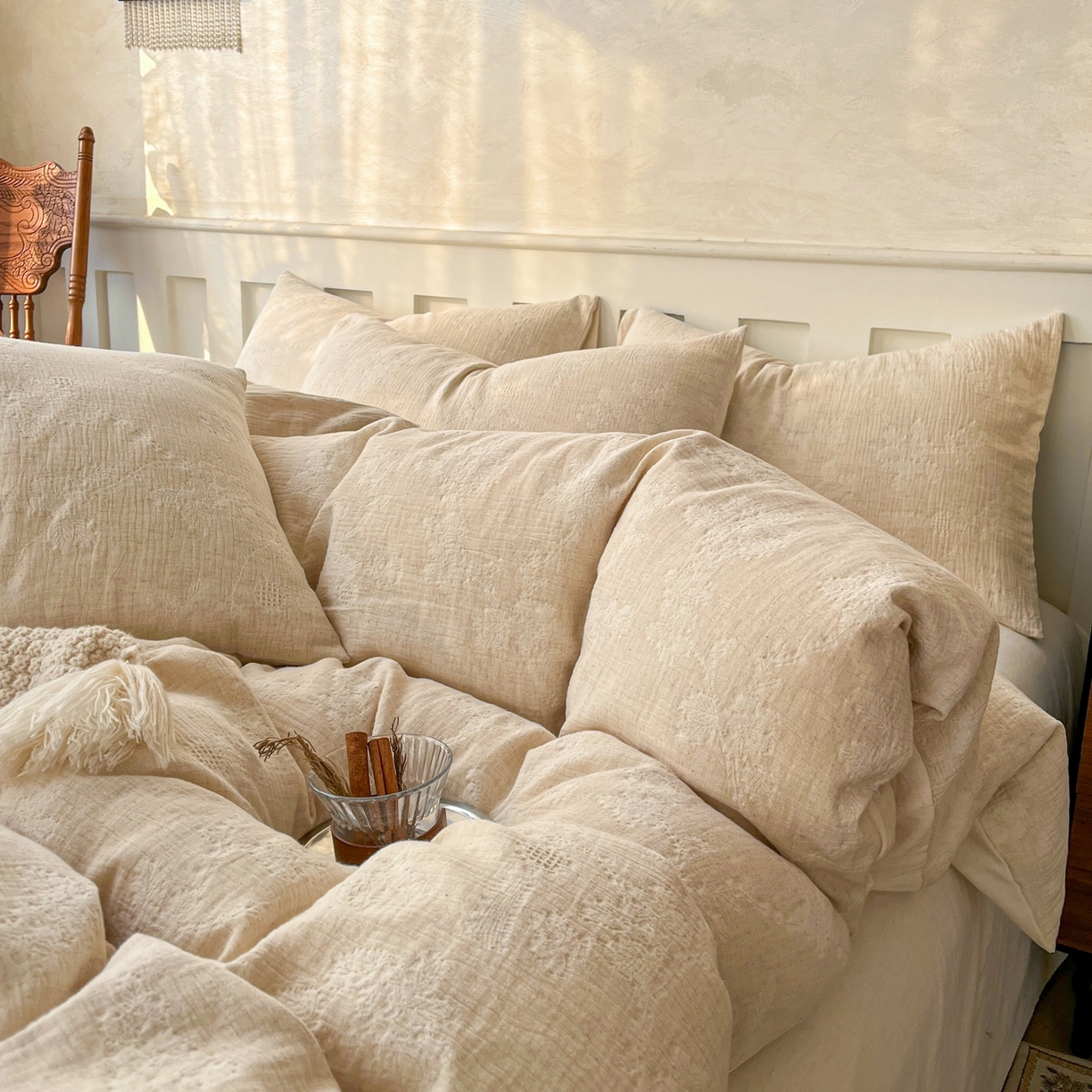 91家纺网 家纺一手货源 找家纺 金丝鸟家纺 2026春夏新款全棉纯棉棉麻提花四件套 花期如梦