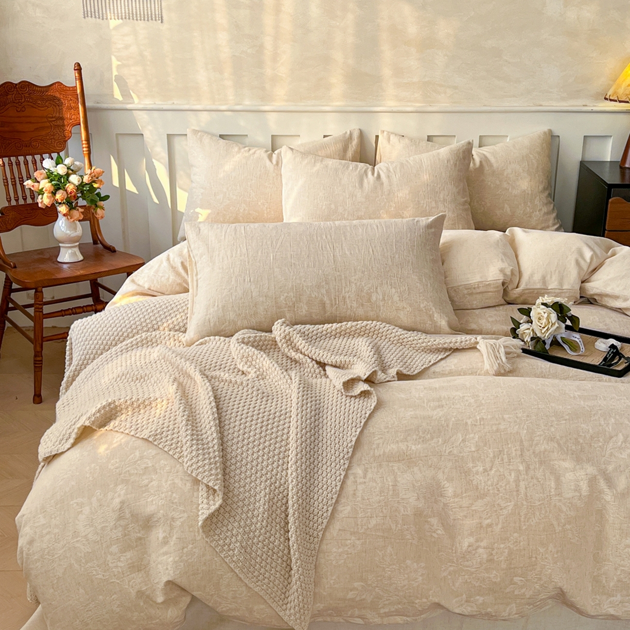 91家纺网 家纺一手货源 找家纺 金丝鸟家纺 2026春夏新款全棉纯棉棉麻提花四件套 花时代