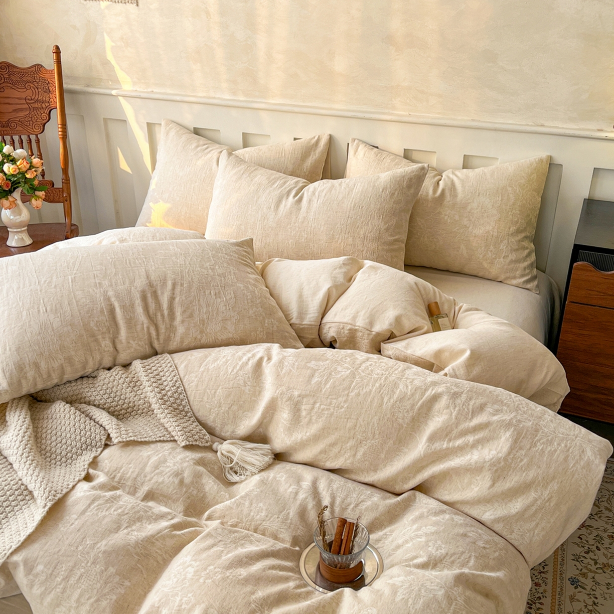 91家纺网 家纺一手货源 找家纺 金丝鸟家纺 2026春夏新款全棉纯棉棉麻提花四件套 花时代