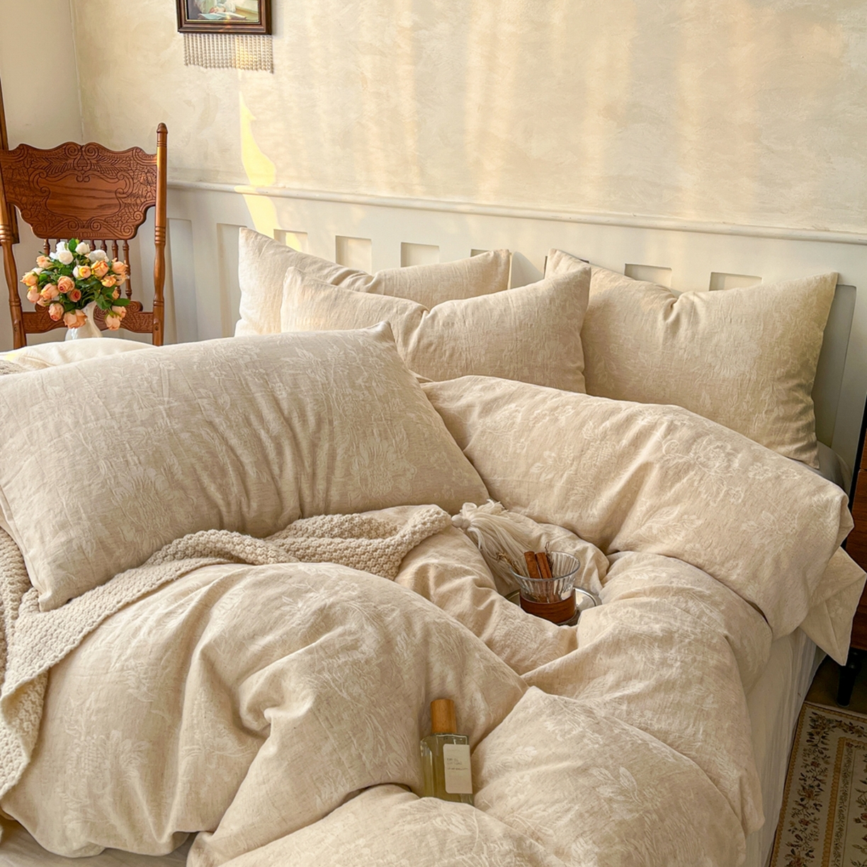 91家纺网 家纺一手货源 找家纺 金丝鸟家纺 2026春夏新款全棉纯棉棉麻提花四件套 花时代