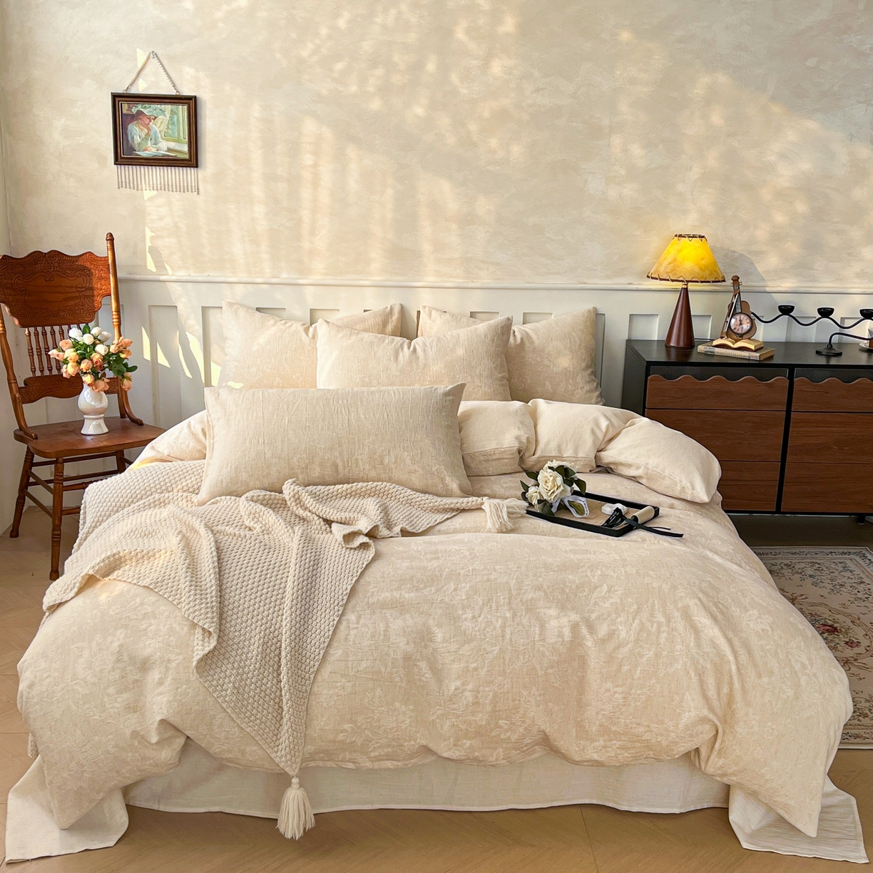 91家纺网 家纺一手货源 找家纺 金丝鸟家纺 2026春夏新款全棉纯棉棉麻提花四件套 花时代