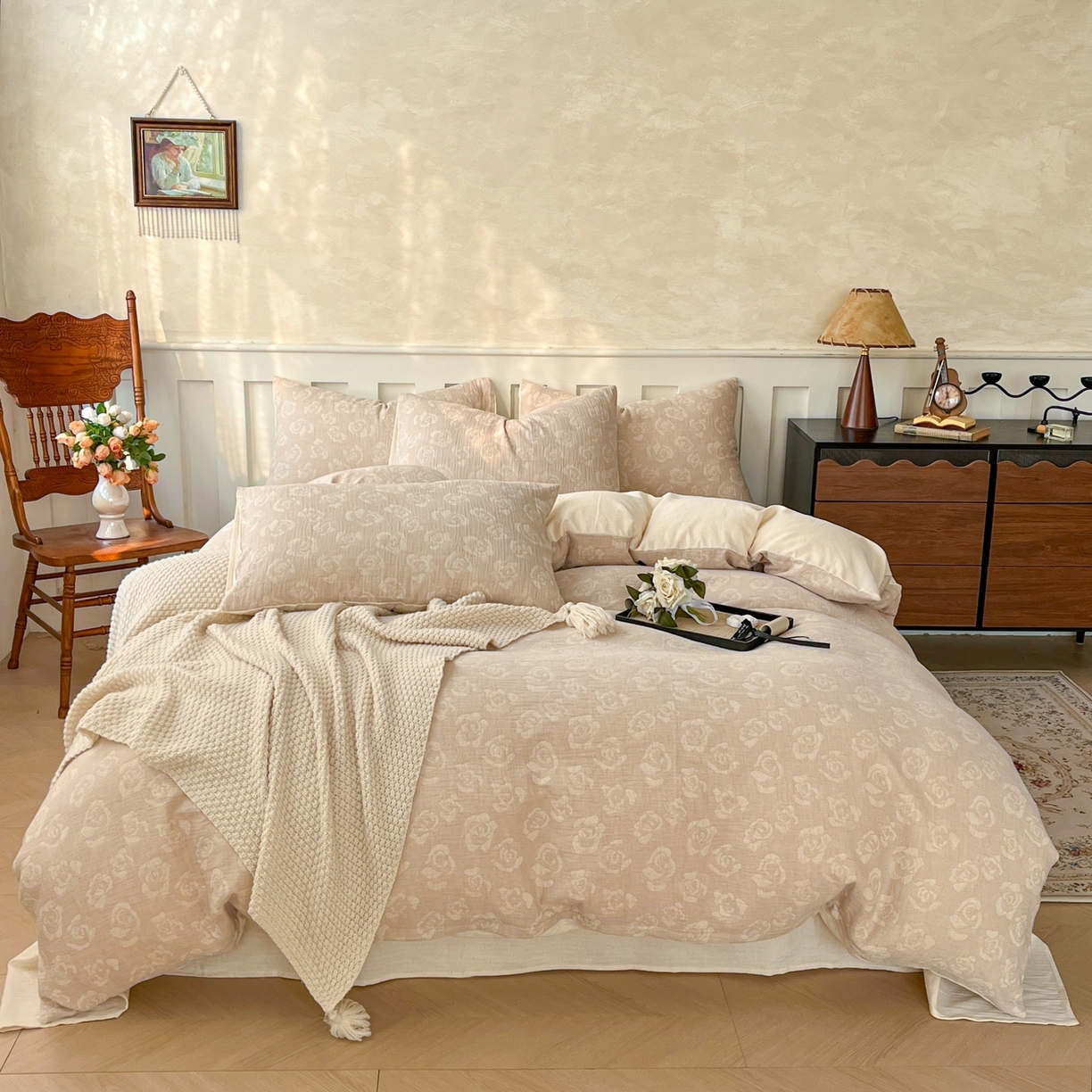 91家纺网 家纺一手货源 找家纺 金丝鸟家纺 2026春夏新款全棉纯棉棉麻提花四件套 玫瑰