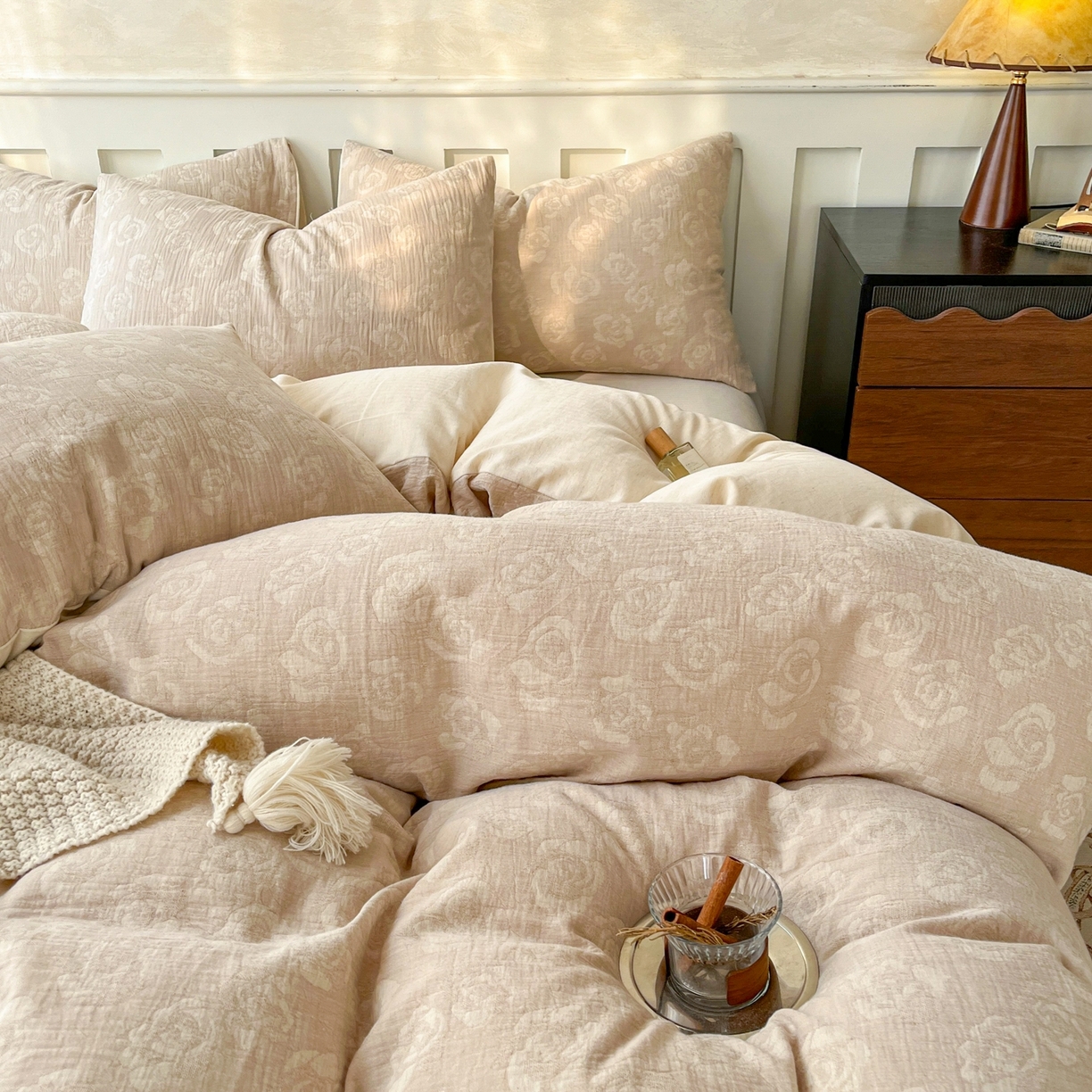 91家纺网 家纺一手货源 找家纺 金丝鸟家纺 2026春夏新款全棉纯棉棉麻提花四件套 玫瑰