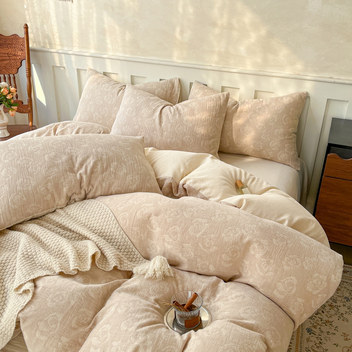 91家纺网 家纺一手货源 找家纺 金丝鸟家纺 2026春夏新款全棉纯棉棉麻提花四件套 玫瑰