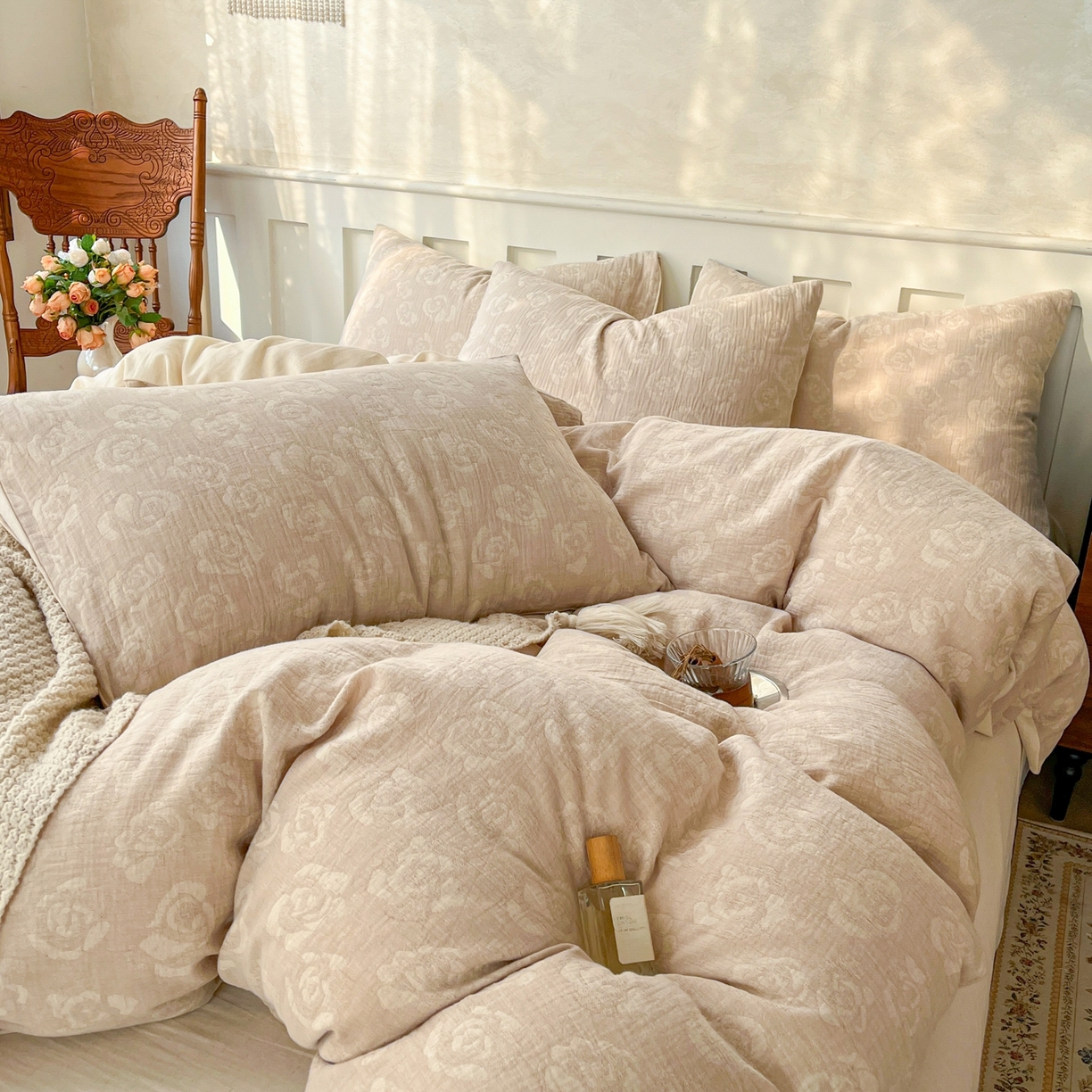 91家纺网 家纺一手货源 找家纺 金丝鸟家纺 2026春夏新款全棉纯棉棉麻提花四件套 玫瑰