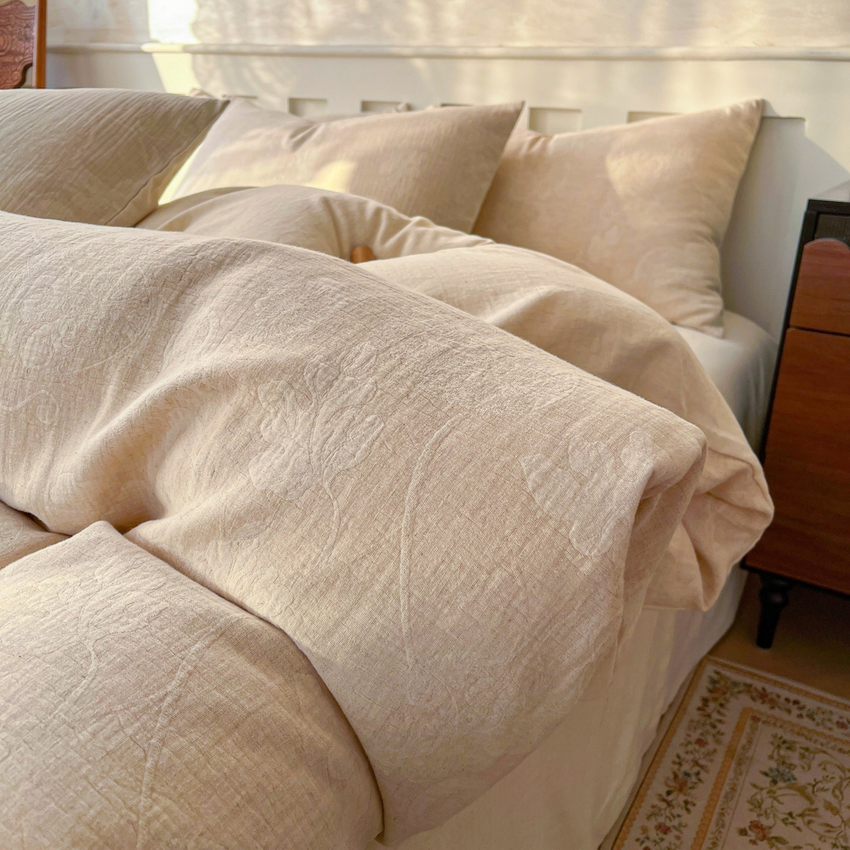 金丝鸟家纺 2026春夏新款全棉纯棉棉麻提花四件套 听风絮