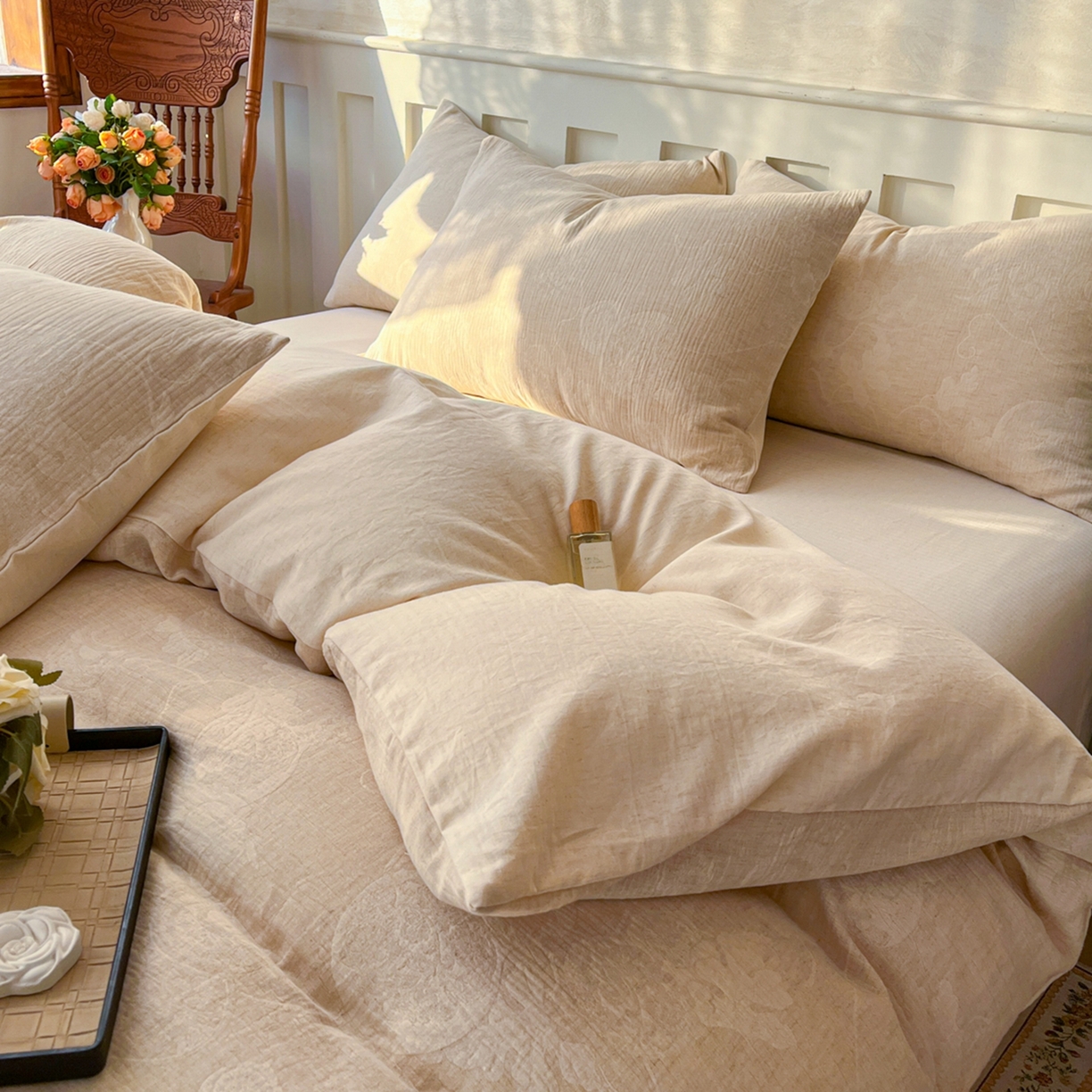 91家纺网 家纺一手货源 找家纺 金丝鸟家纺 2026春夏新款全棉纯棉棉麻提花四件套 听风絮