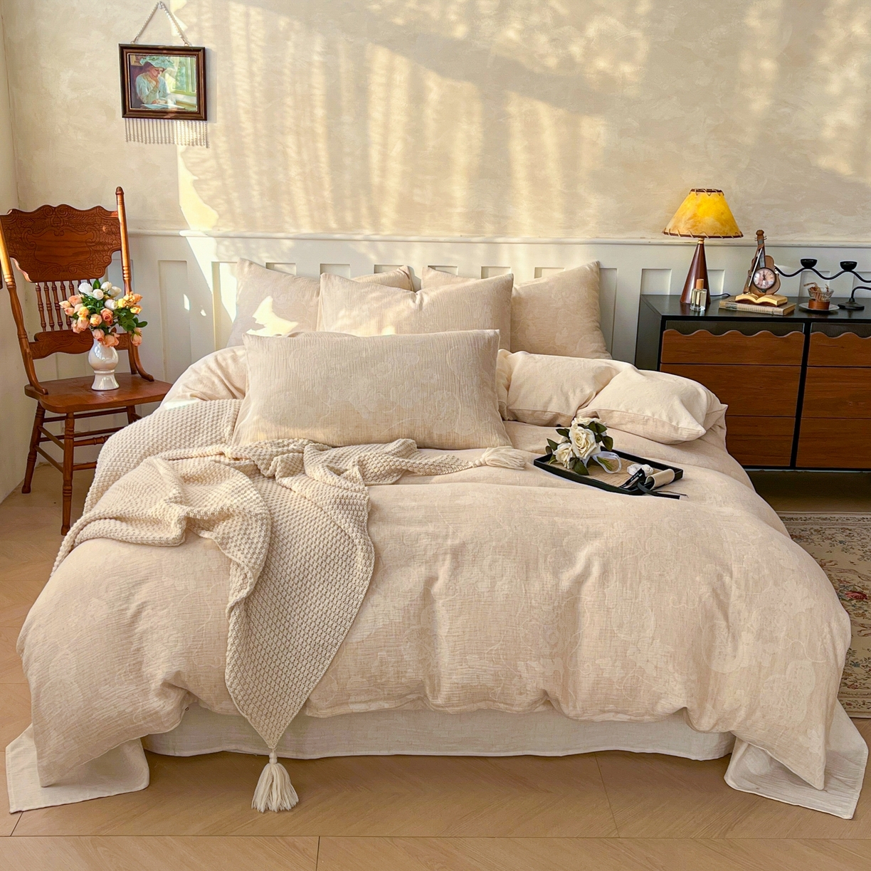 91家纺网 家纺一手货源 找家纺 金丝鸟家纺 2026春夏新款全棉纯棉棉麻提花四件套 听风絮