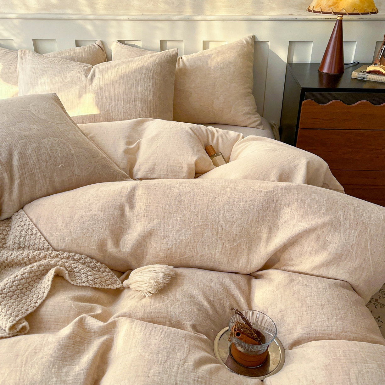 91家纺网 家纺一手货源 找家纺 金丝鸟家纺 2026春夏新款全棉纯棉棉麻提花四件套 听风絮