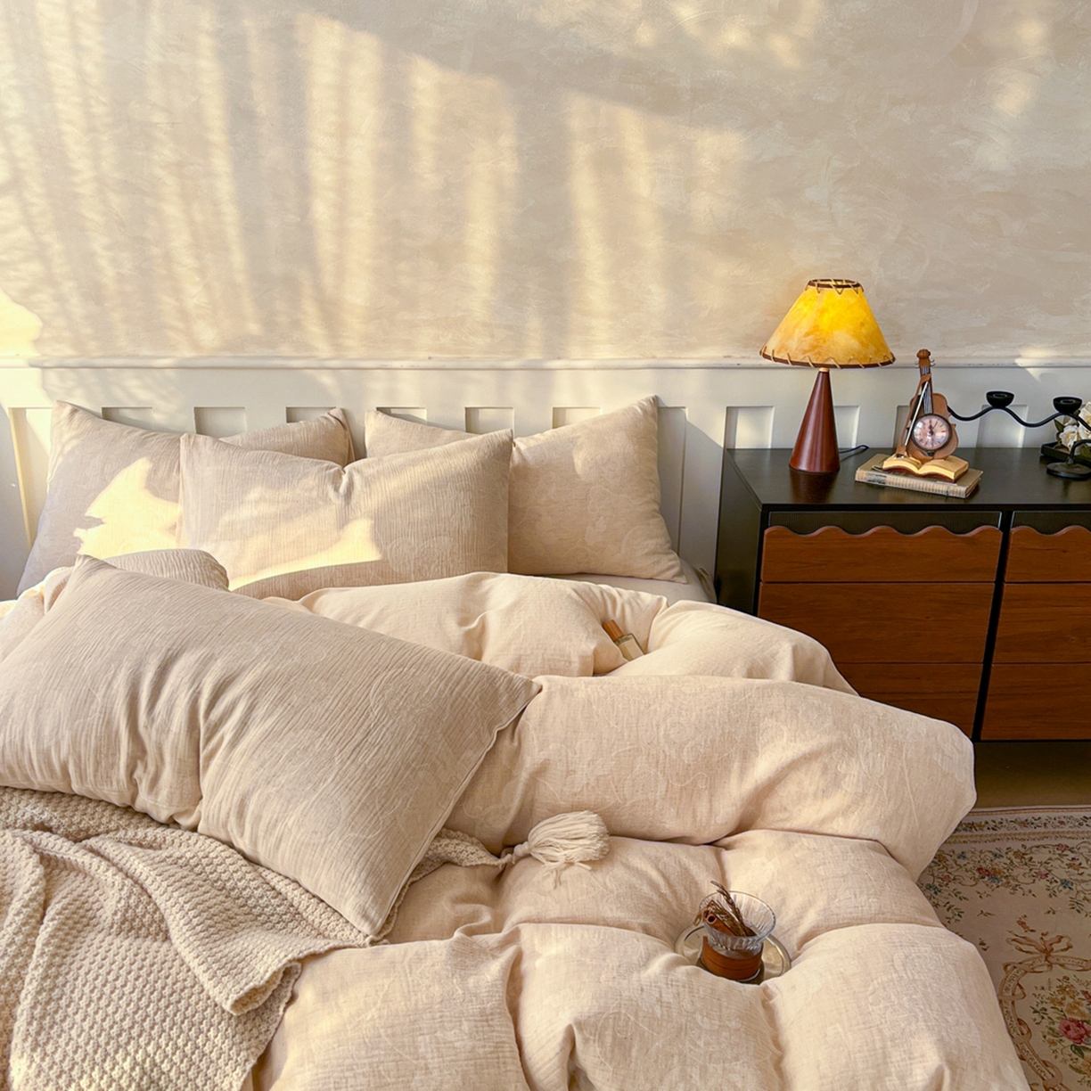 91家纺网 家纺一手货源 找家纺 金丝鸟家纺 2026春夏新款全棉纯棉棉麻提花四件套 听风絮