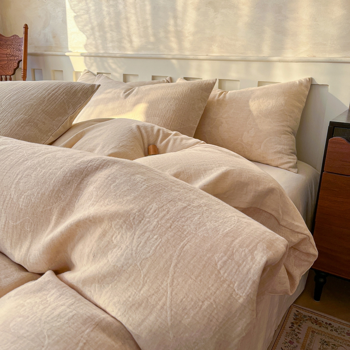 91家纺网 家纺一手货源 找家纺 金丝鸟家纺 2026春夏新款全棉纯棉棉麻提花四件套 听风絮