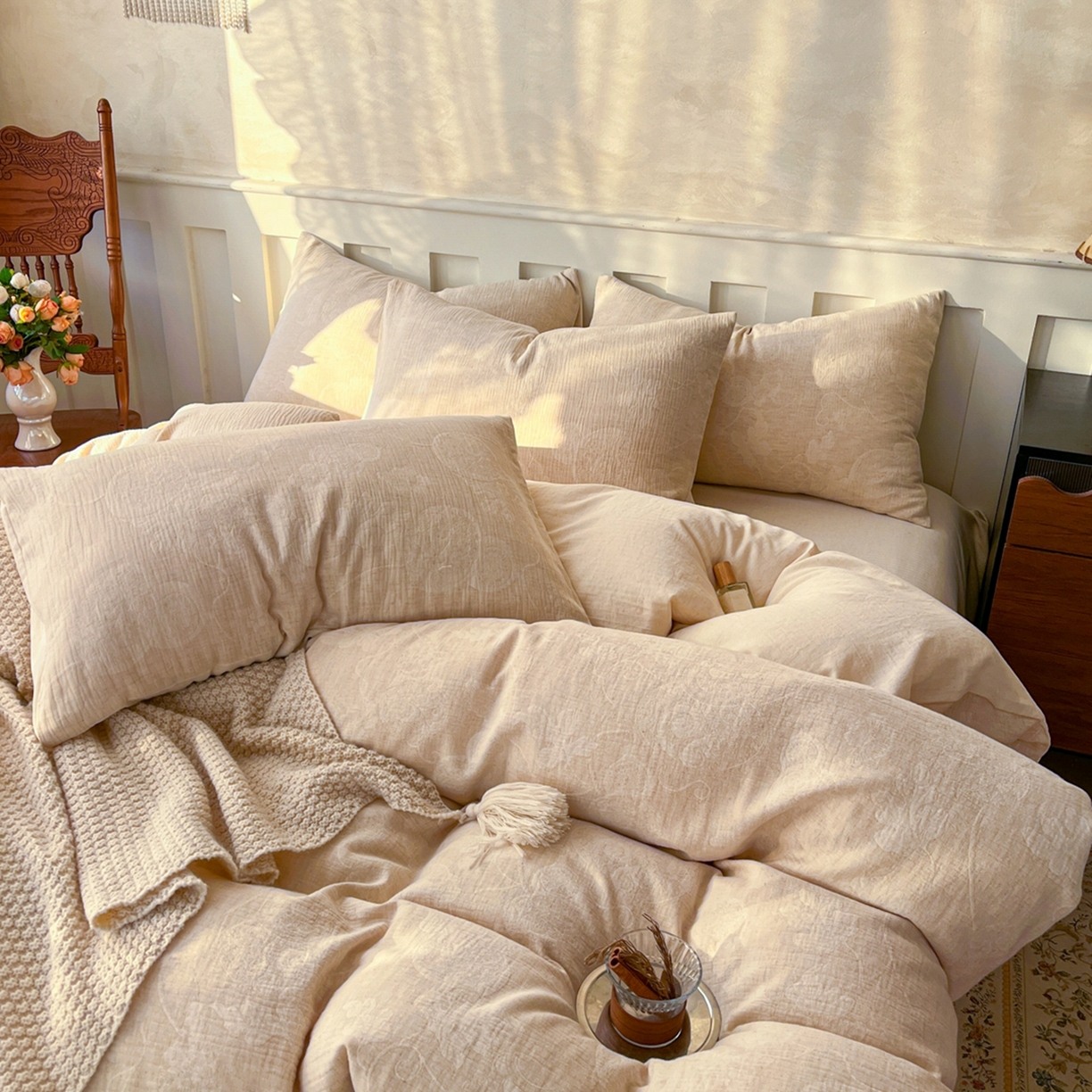 91家纺网 家纺一手货源 找家纺 金丝鸟家纺 2026春夏新款全棉纯棉棉麻提花四件套 听风絮