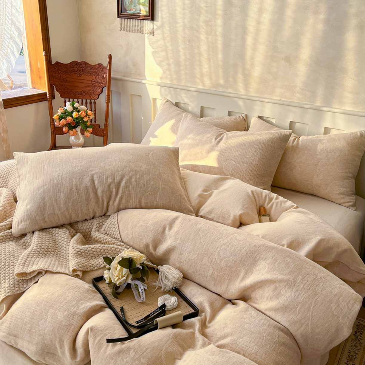 91家纺网 家纺一手货源 找家纺 金丝鸟家纺 2026春夏新款全棉纯棉棉麻提花四件套 听风絮