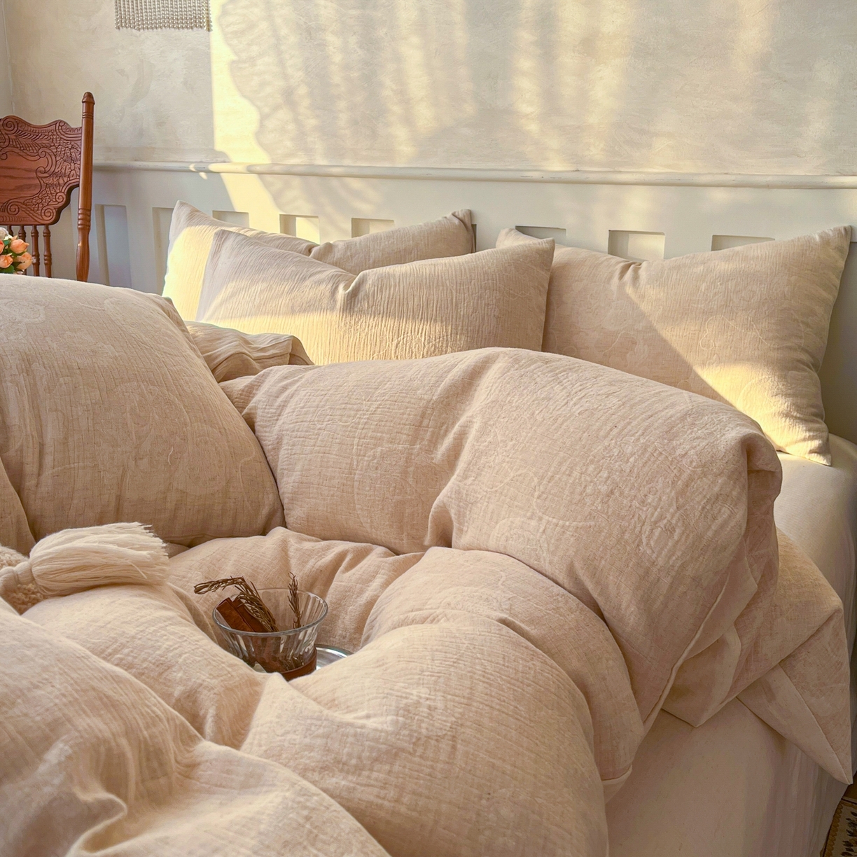 91家纺网 家纺一手货源 找家纺 金丝鸟家纺 2026春夏新款全棉纯棉棉麻提花四件套 听风絮