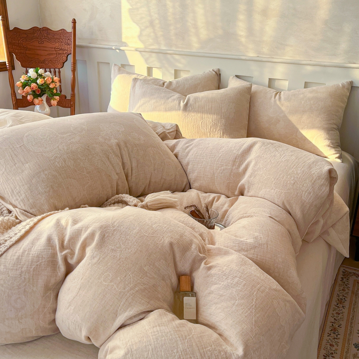 91家纺网 家纺一手货源 找家纺 金丝鸟家纺 2026春夏新款全棉纯棉棉麻提花四件套 听风絮