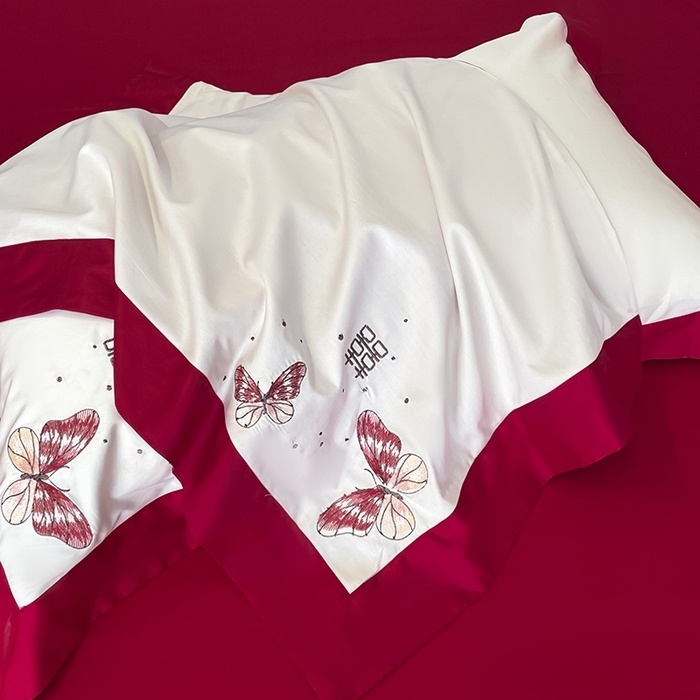 91家纺网 家纺一手货源 找家纺 （总）2025婚庆A类全棉四件套纯棉被套重工刺绣简约红色床单长绒棉结婚爆款床上用品