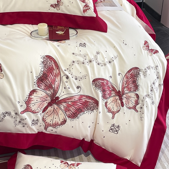 91家纺网 家纺一手货源 找家纺 （总）2025婚庆A类全棉四件套纯棉被套重工刺绣简约红色床单长绒棉结婚爆款床上用品