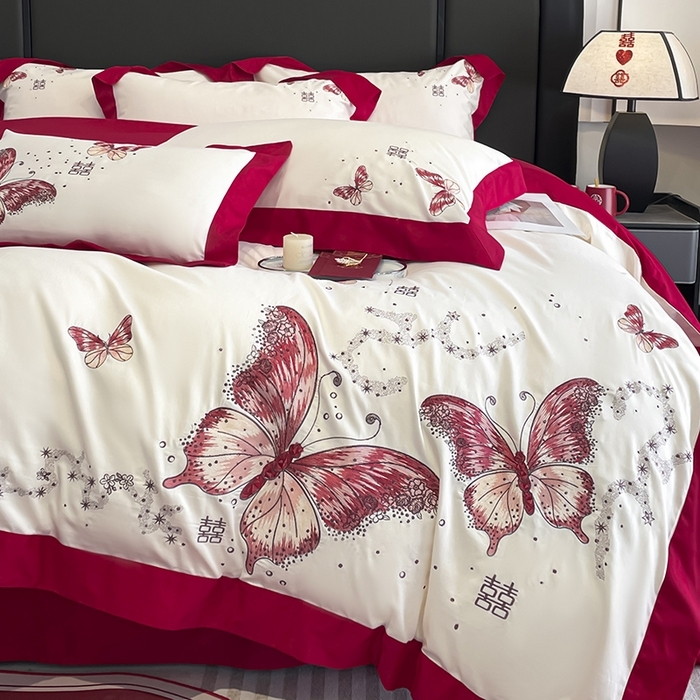 （总）2025婚庆A类全棉四件套纯棉被套重工刺绣简约红色床单长绒棉结婚爆款床上用品