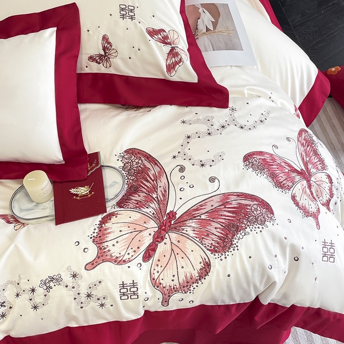 91家纺网 家纺一手货源 找家纺 （总）2025婚庆A类全棉四件套纯棉被套重工刺绣简约红色床单长绒棉结婚爆款床上用品