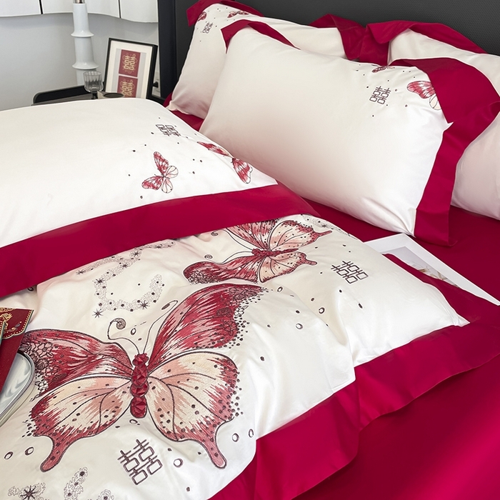 91家纺网 家纺一手货源 找家纺 （总）2025婚庆A类全棉四件套纯棉被套重工刺绣简约红色床单长绒棉结婚爆款床上用品