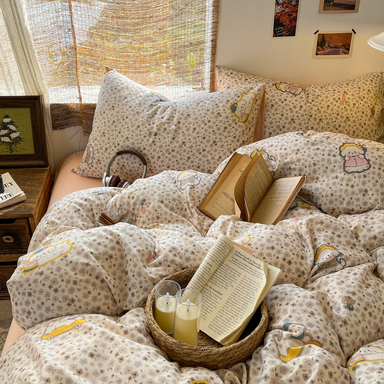 91家纺网 家纺一手货源 找家纺 金丝鸟家纺 2026春夏新款全棉纯棉棉麻印花四件套 狗狗花丛