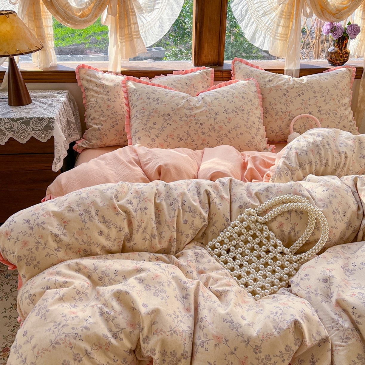 91家纺网 家纺一手货源 找家纺 （总）金丝鸟家纺 2026春夏新款全棉纯棉棉麻印花木耳花边款四件套