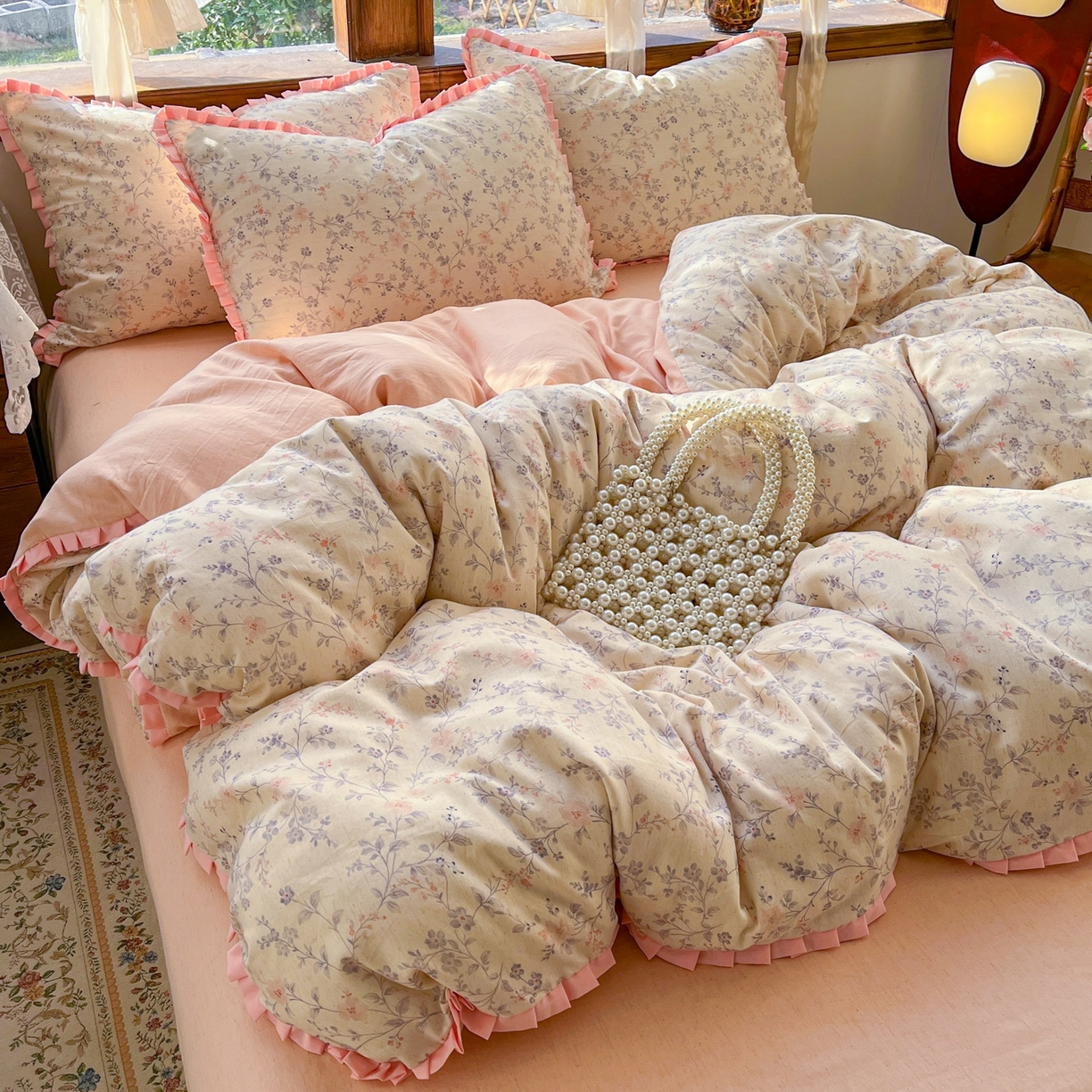 91家纺网 家纺一手货源 找家纺 （总）金丝鸟家纺 2026春夏新款全棉纯棉棉麻印花木耳花边款四件套