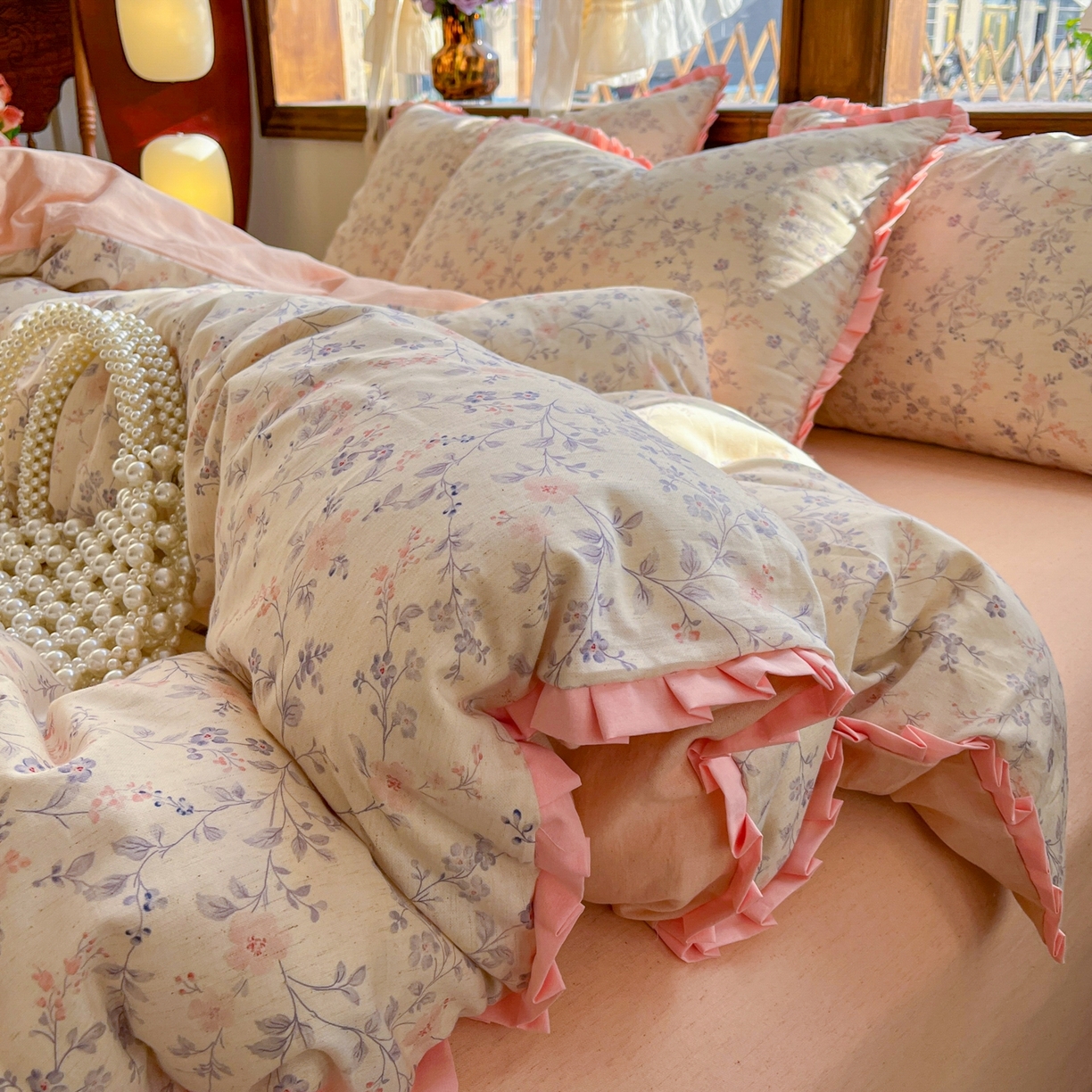 91家纺网 家纺一手货源 找家纺 （总）金丝鸟家纺 2026春夏新款全棉纯棉棉麻印花木耳花边款四件套