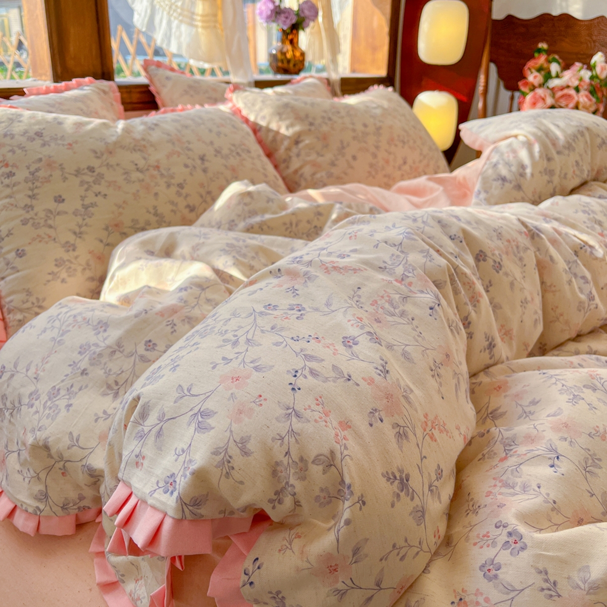 91家纺网 家纺一手货源 找家纺 （总）金丝鸟家纺 2026春夏新款全棉纯棉棉麻印花木耳花边款四件套