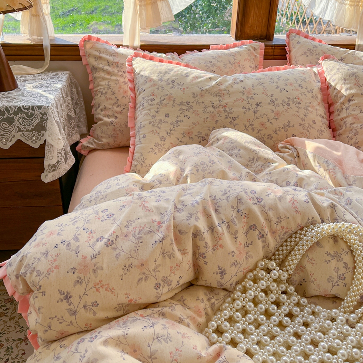 91家纺网 家纺一手货源 找家纺 （总）金丝鸟家纺 2026春夏新款全棉纯棉棉麻印花木耳花边款四件套