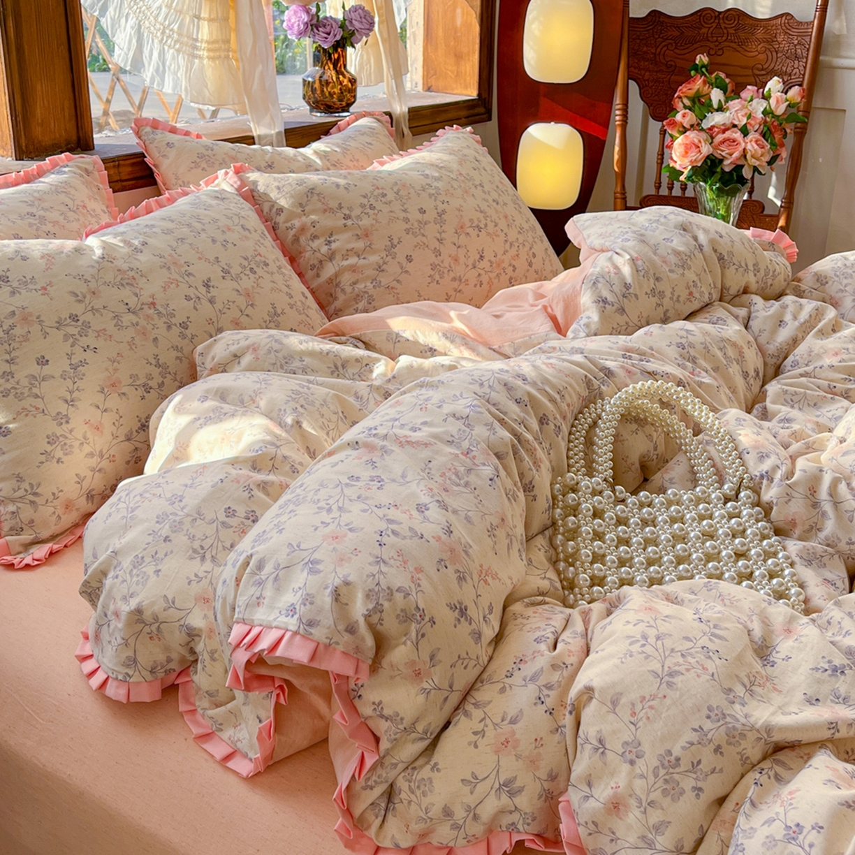 91家纺网 家纺一手货源 找家纺 （总）金丝鸟家纺 2026春夏新款全棉纯棉棉麻印花木耳花边款四件套