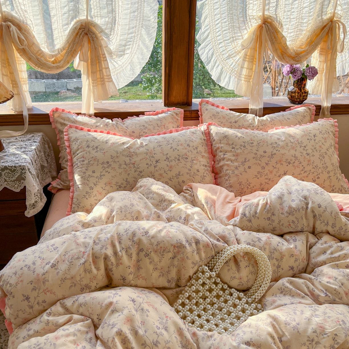 91家纺网 家纺一手货源 找家纺 （总）金丝鸟家纺 2026春夏新款全棉纯棉棉麻印花木耳花边款四件套