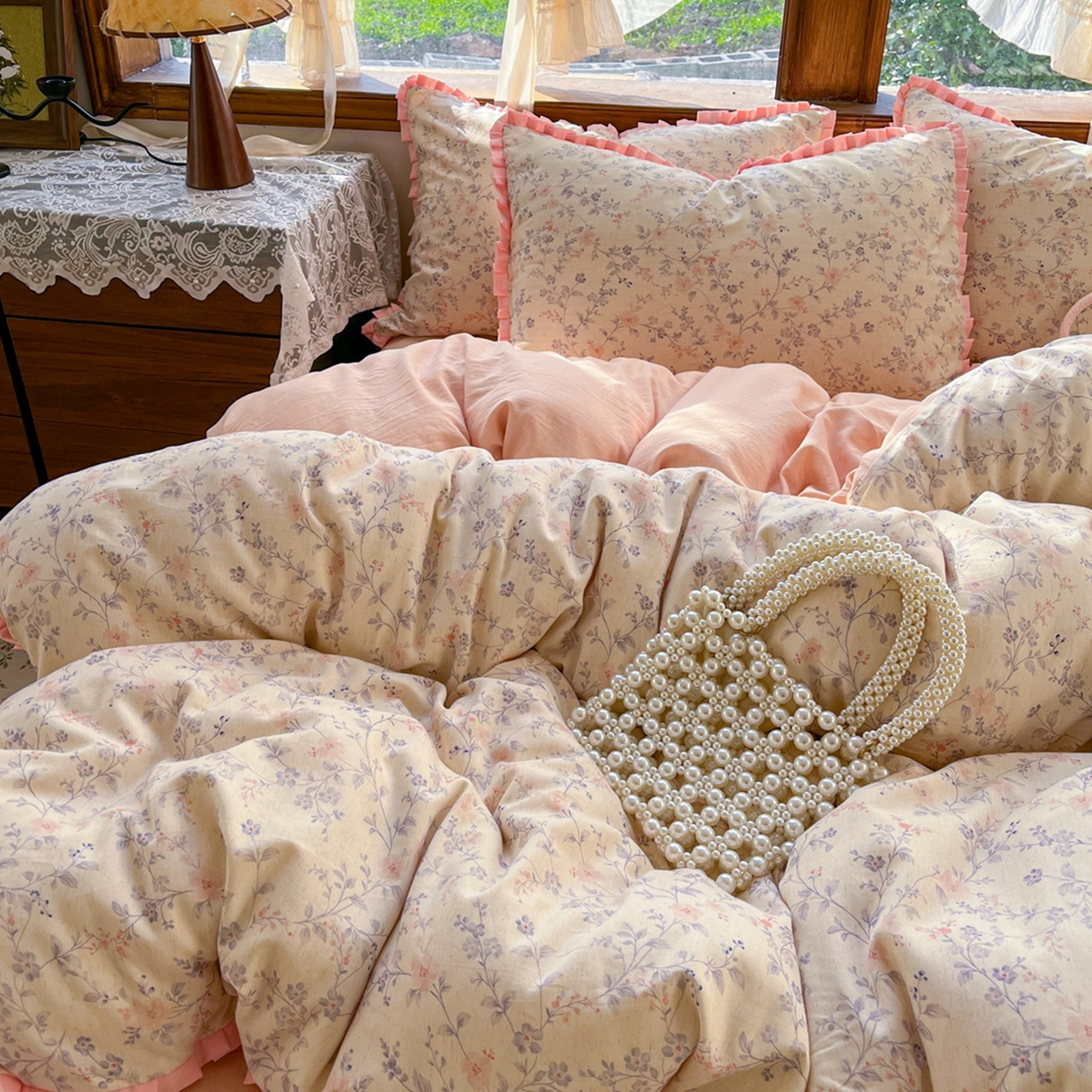 91家纺网 家纺一手货源 找家纺 （总）金丝鸟家纺 2026春夏新款全棉纯棉棉麻印花木耳花边款四件套