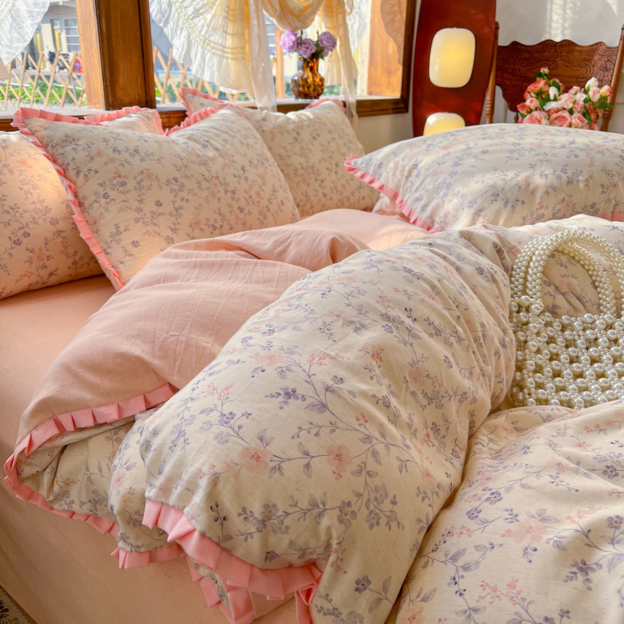 91家纺网 家纺一手货源 找家纺 金丝鸟家纺 2026春夏新款全棉纯棉棉麻印花木耳花边款四件套 曼绕