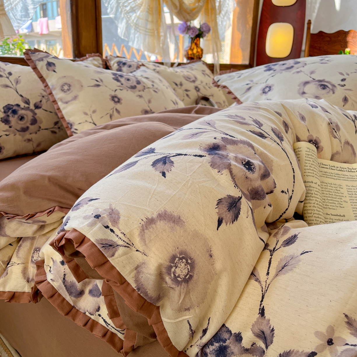 金丝鸟家纺 2026春夏新款全棉纯棉棉麻印花木耳花边款四件套 莫凡