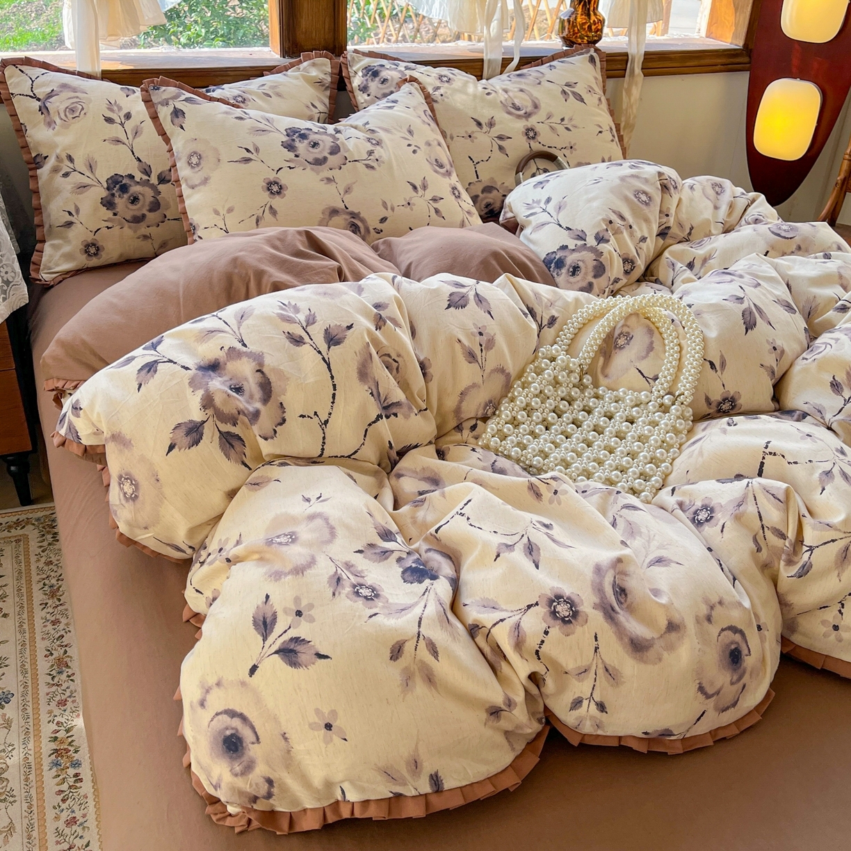 91家纺网 家纺一手货源 找家纺 金丝鸟家纺 2026春夏新款全棉纯棉棉麻印花木耳花边款四件套 莫凡