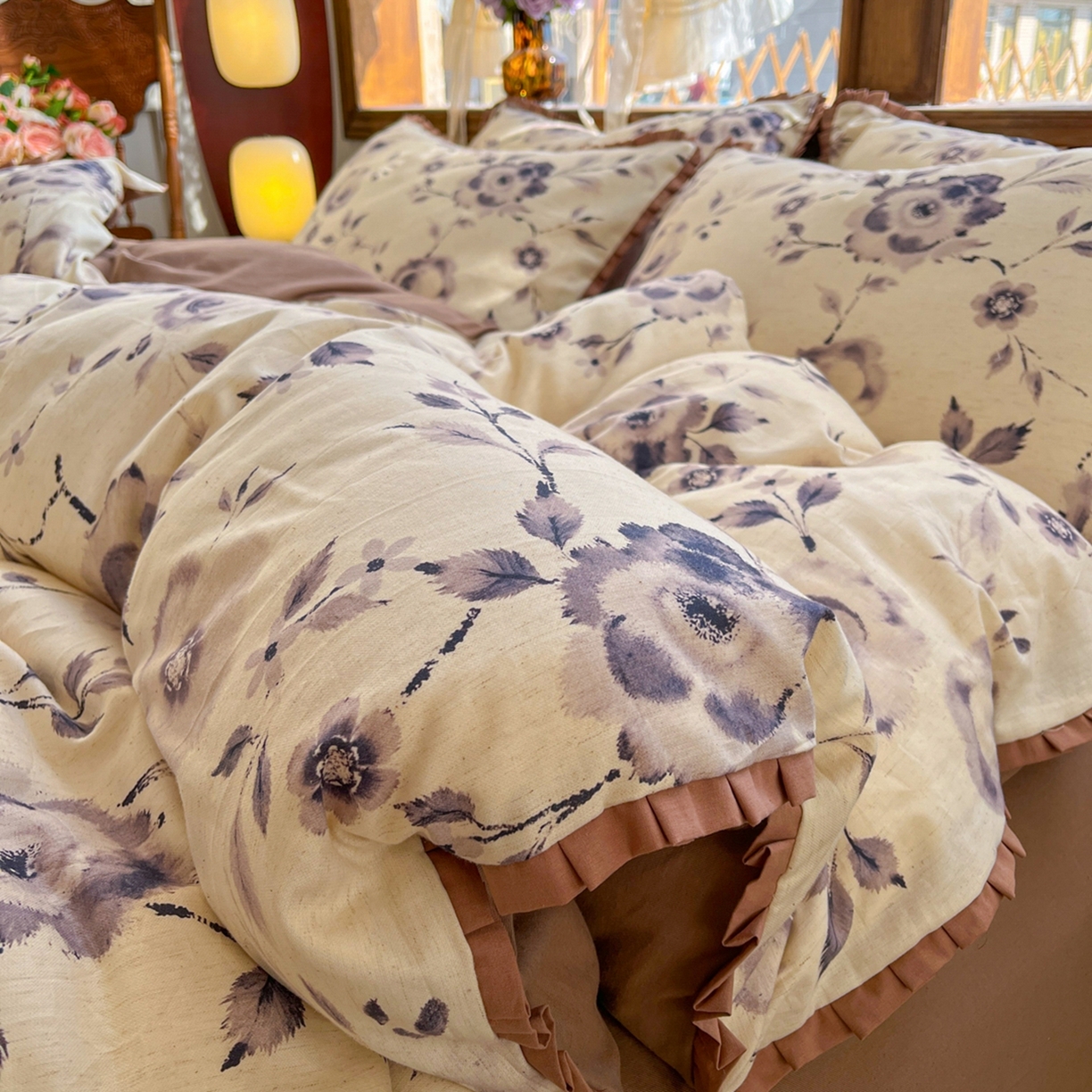 91家纺网 家纺一手货源 找家纺 金丝鸟家纺 2026春夏新款全棉纯棉棉麻印花木耳花边款四件套 莫凡