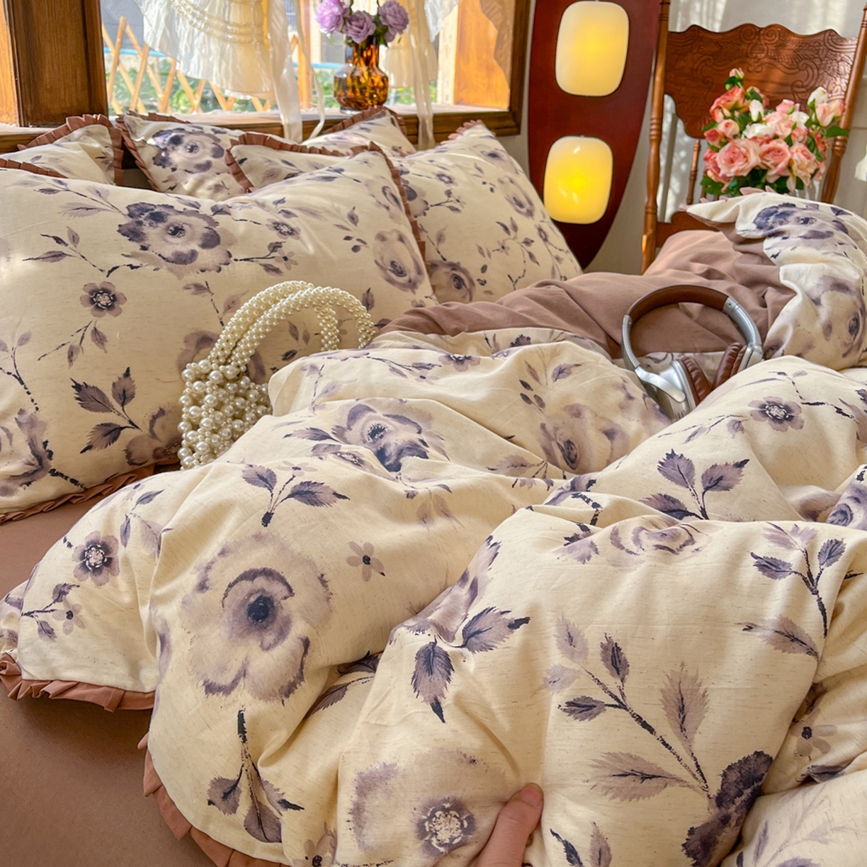 91家纺网 家纺一手货源 找家纺 金丝鸟家纺 2026春夏新款全棉纯棉棉麻印花木耳花边款四件套 莫凡