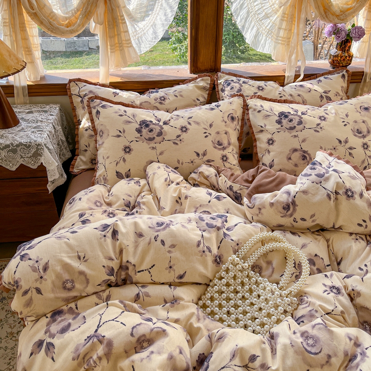 91家纺网 家纺一手货源 找家纺 金丝鸟家纺 2026春夏新款全棉纯棉棉麻印花木耳花边款四件套 莫凡