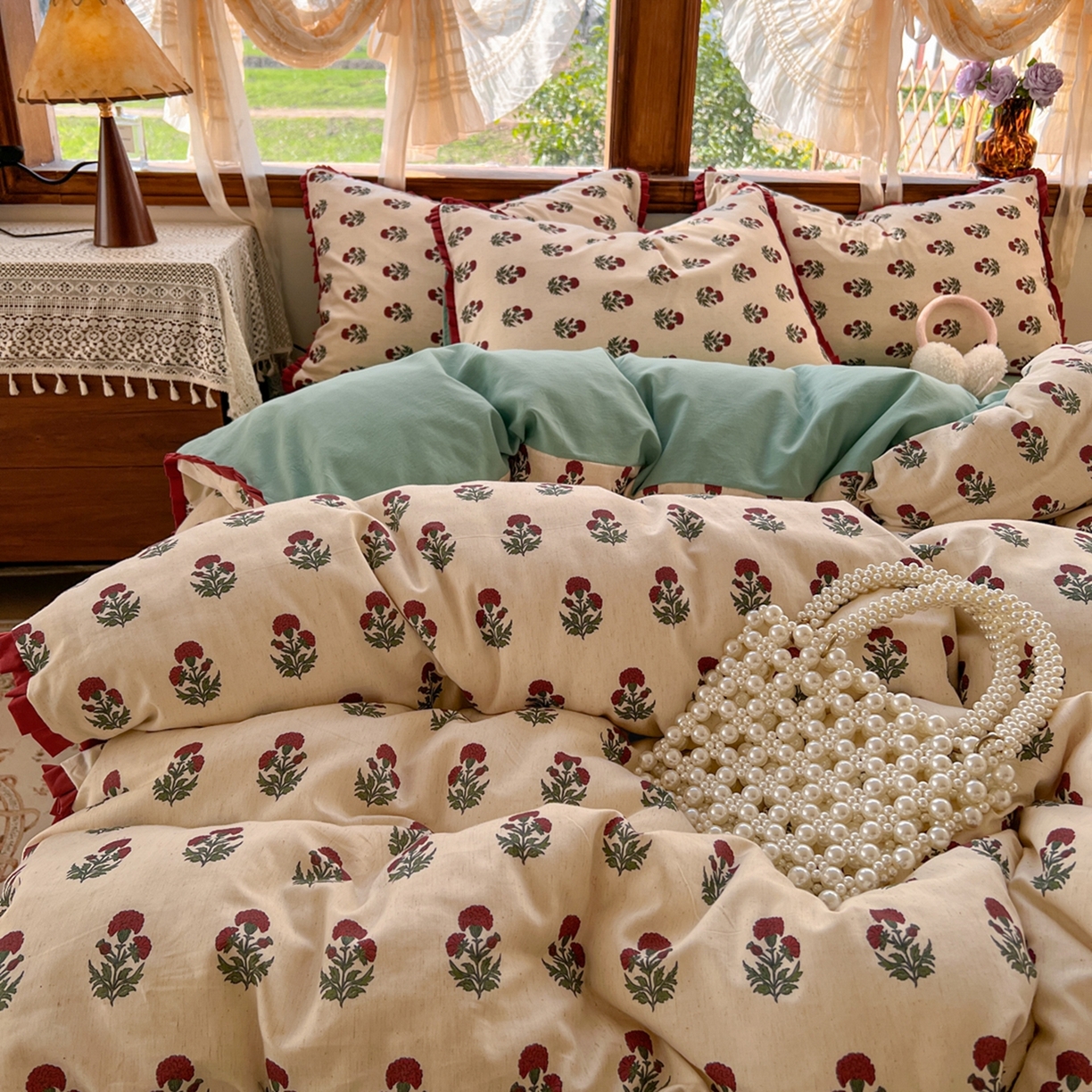 91家纺网 家纺一手货源 找家纺 金丝鸟家纺 2026春夏新款全棉纯棉棉麻印花木耳花边款四件套 如约