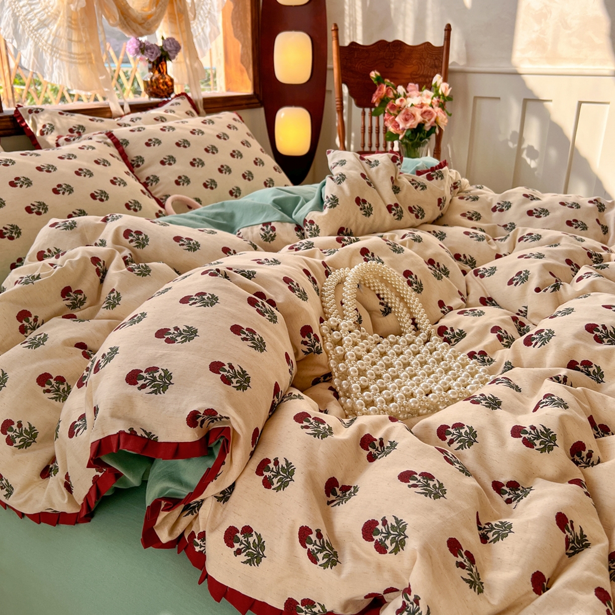 91家纺网 家纺一手货源 找家纺 金丝鸟家纺 2026春夏新款全棉纯棉棉麻印花木耳花边款四件套 如约