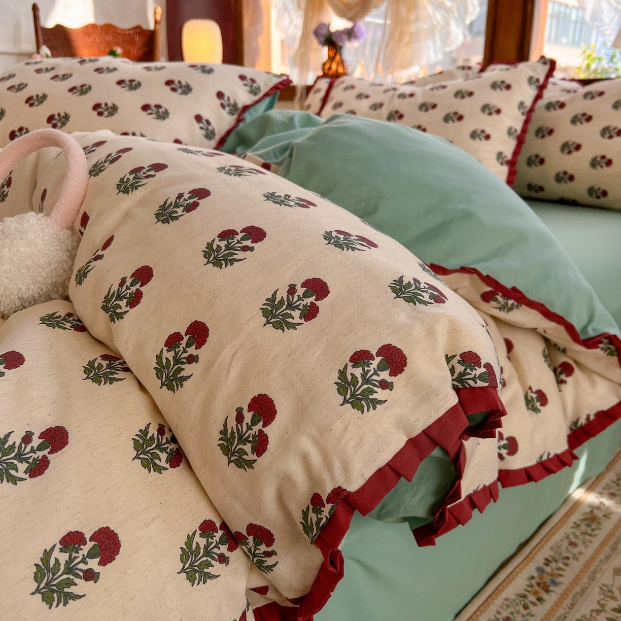 91家纺网 家纺一手货源 找家纺 金丝鸟家纺 2026春夏新款全棉纯棉棉麻印花木耳花边款四件套 如约