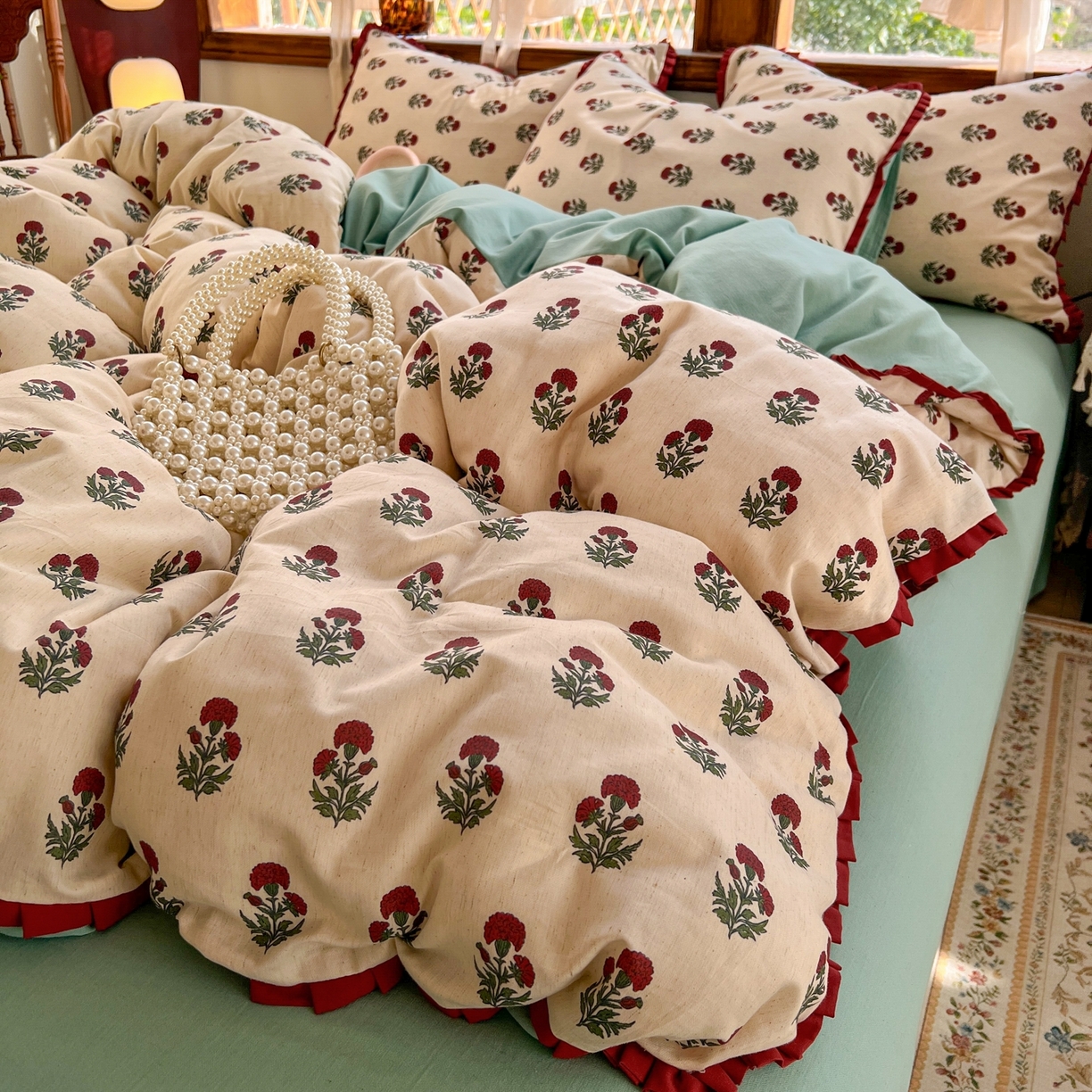 91家纺网 家纺一手货源 找家纺 金丝鸟家纺 2026春夏新款全棉纯棉棉麻印花木耳花边款四件套 如约