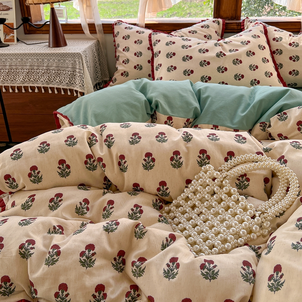 91家纺网 家纺一手货源 找家纺 金丝鸟家纺 2026春夏新款全棉纯棉棉麻印花木耳花边款四件套 如约